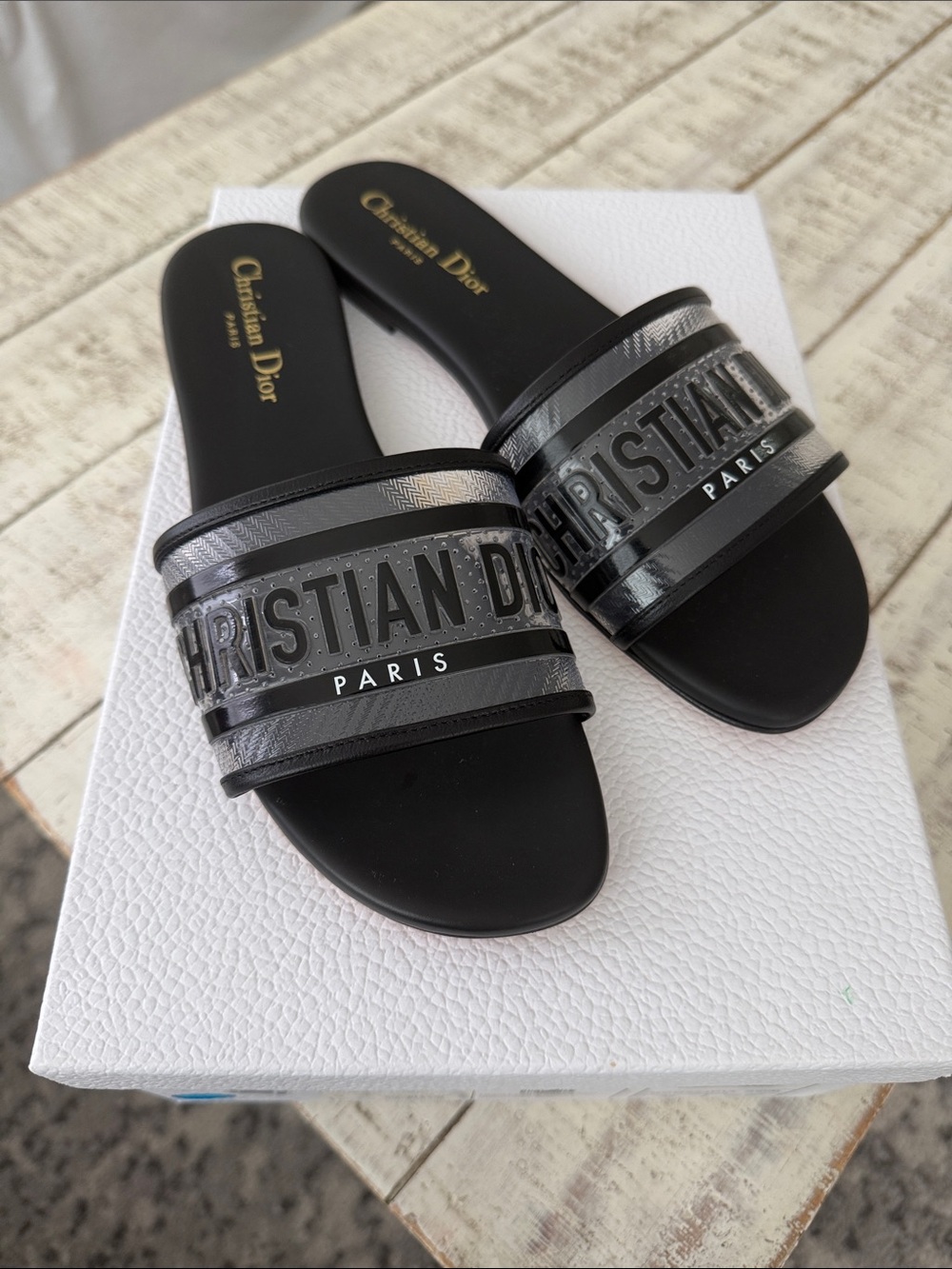 Dior Black & Gunmetal Men's Paris Logo Slide Sandals